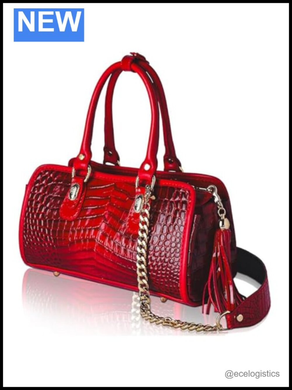 Leather Boxy Tote Satchel Handbag Italian Designer Purse Croc Embossed Red